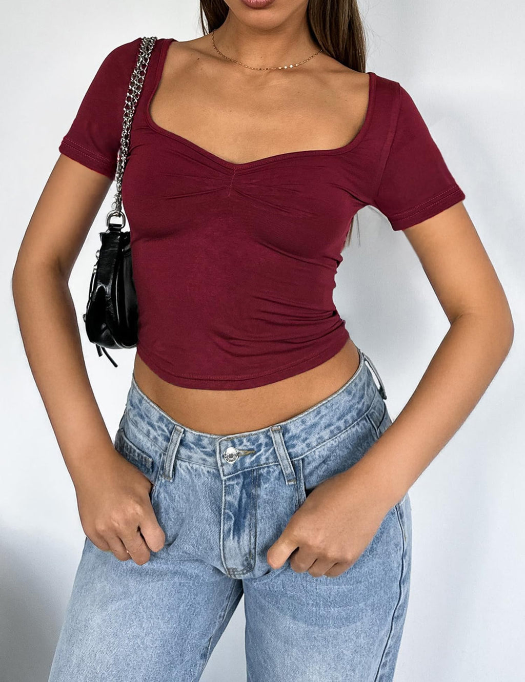 Women's Short Sleeve Going Out Crop Top Sexy Pleated Cute Shirt Sweetheart Neck Y2K Ruched Cropped Tops