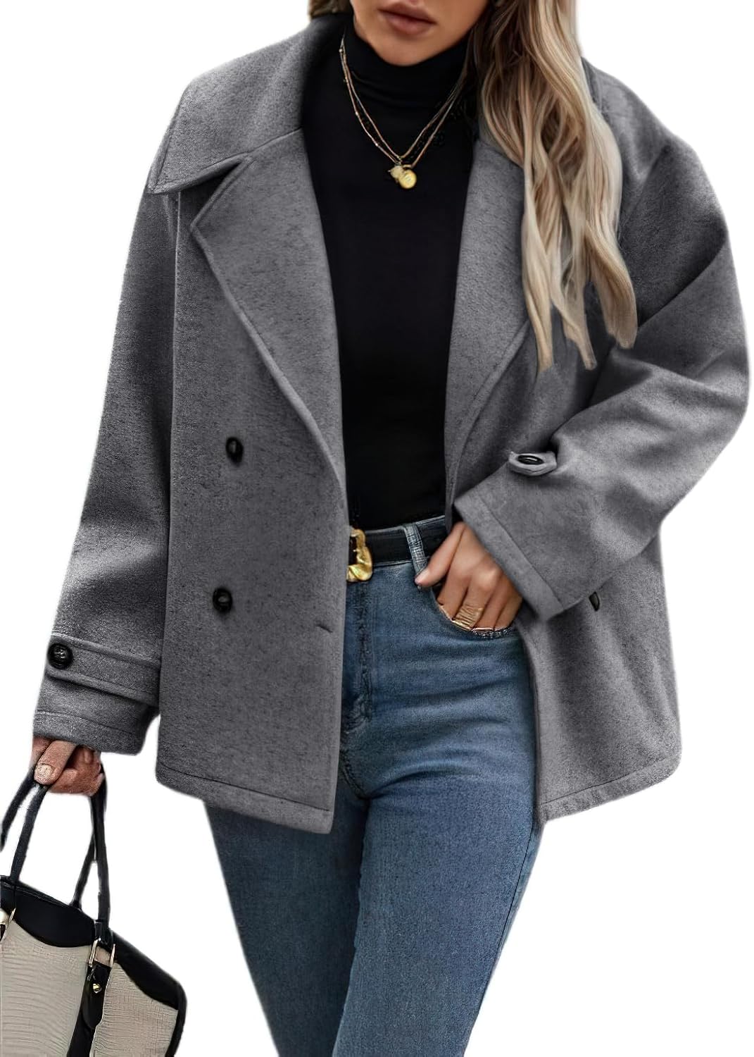 CHOUYATOU Women's Winter Loose Fit Cropped Wool Coat Double Breasted Dressy Short Blazer Jacket Peacoat