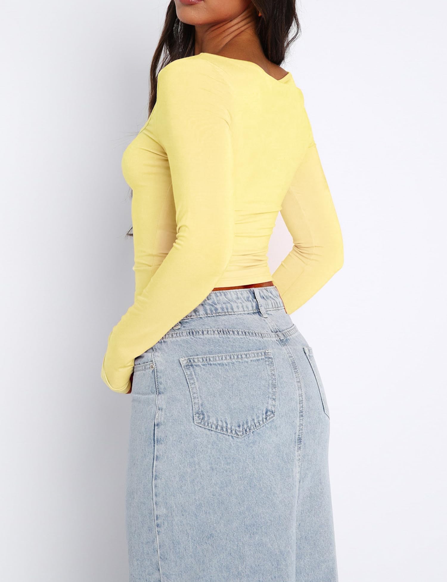 Women's Long Sleeve Going Out Crop Top Sexy Pleated Trendy Shirt Sweetheart Neck Y2K Ruched Cropped Tops