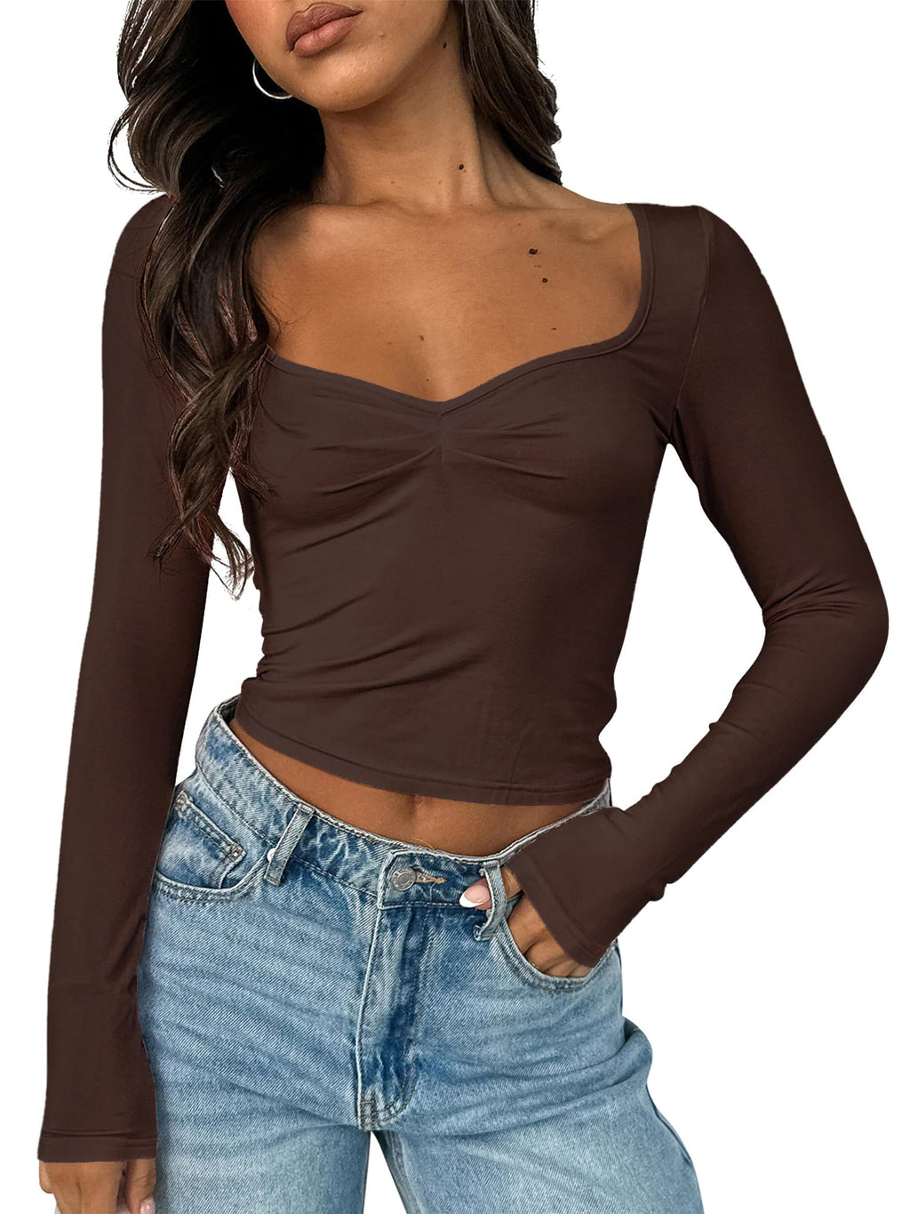 Women's Long Sleeve Going Out Crop Top Sexy Pleated Trendy Shirt Sweetheart Neck Y2K Ruched Cropped Tops