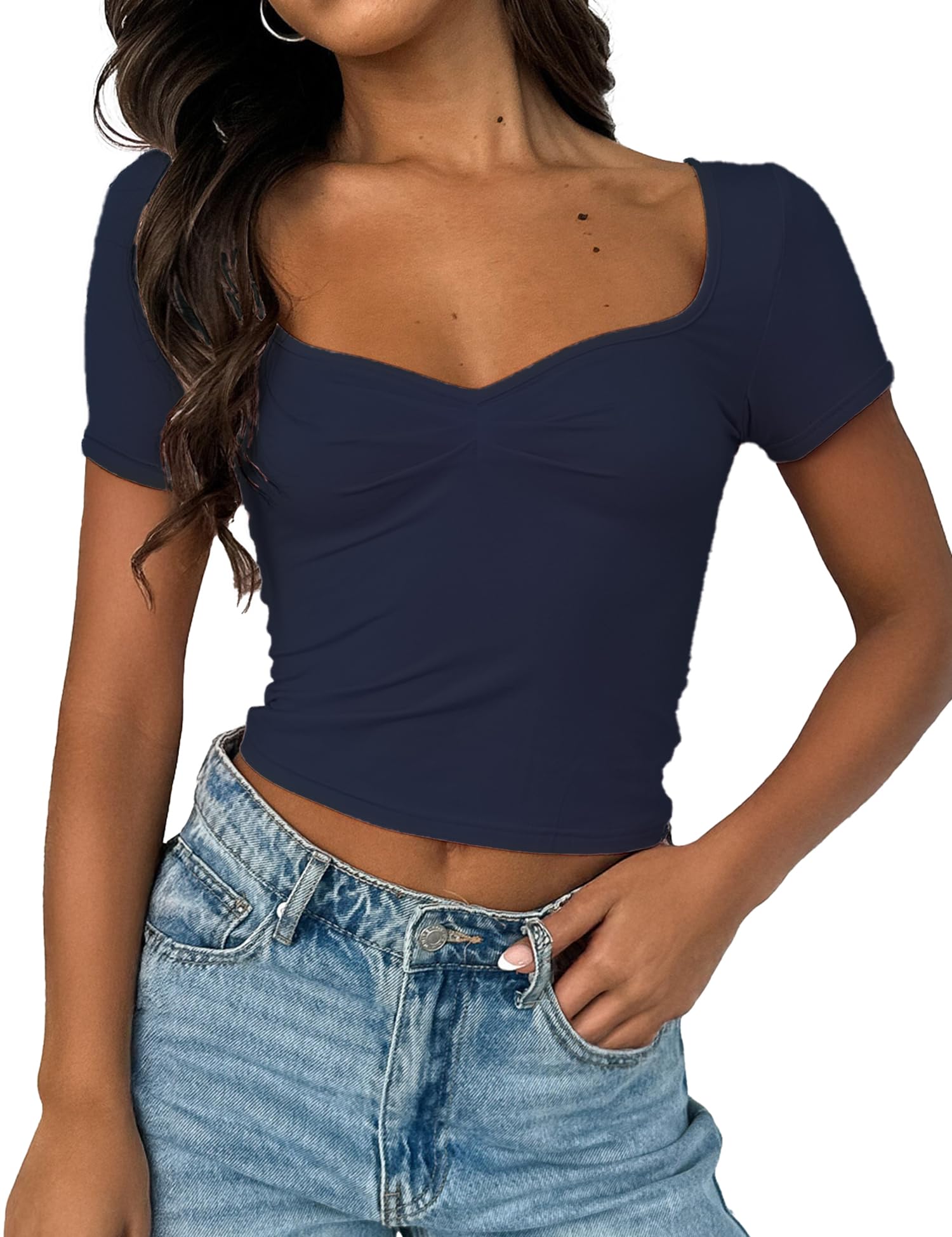 Women's Short Sleeve Going Out Crop Top Sexy Pleated Cute Shirt Sweetheart Neck Y2K Ruched Cropped Tops