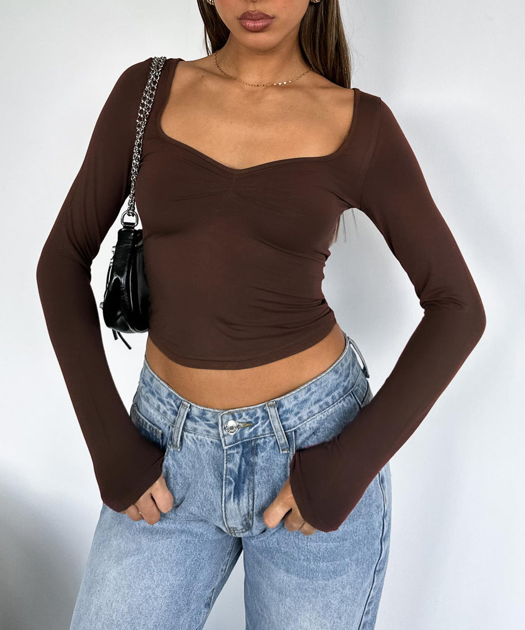 Women's Long Sleeve Going Out Crop Top Sexy Pleated Trendy Shirt Sweetheart Neck Y2K Ruched Cropped Tops