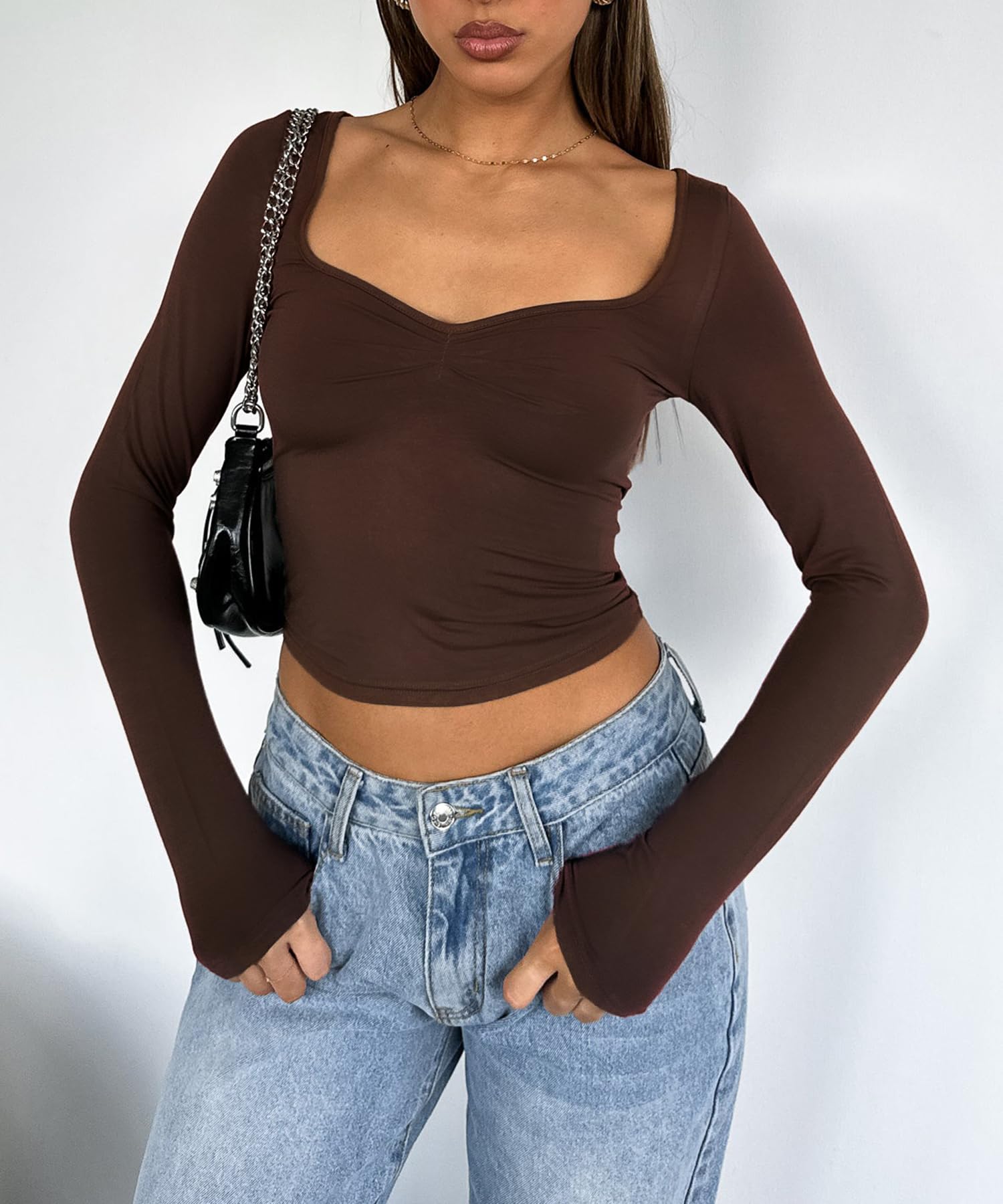 Women's Long Sleeve Going Out Crop Top Sexy Pleated Trendy Shirt Sweetheart Neck Y2K Ruched Cropped Tops