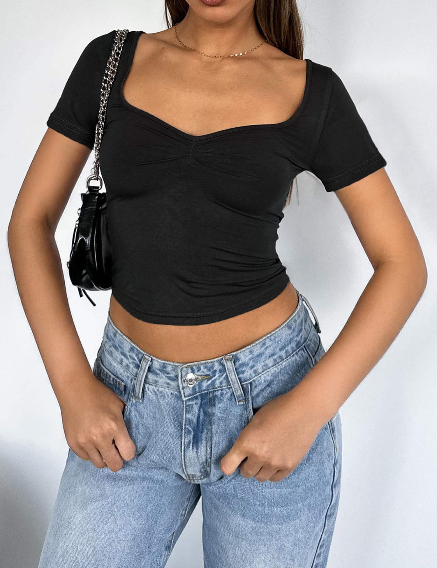 Women's Short Sleeve Going Out Crop Top Sexy Pleated Cute Shirt Sweetheart Neck Y2K Ruched Cropped Tops