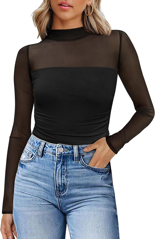 Womens Sexy Mesh Long Sleeve Shirts Fashion Clothing Turtle Necks Sheer Ruched Going Out Tops Fall Outfits Slim Fit Blouses