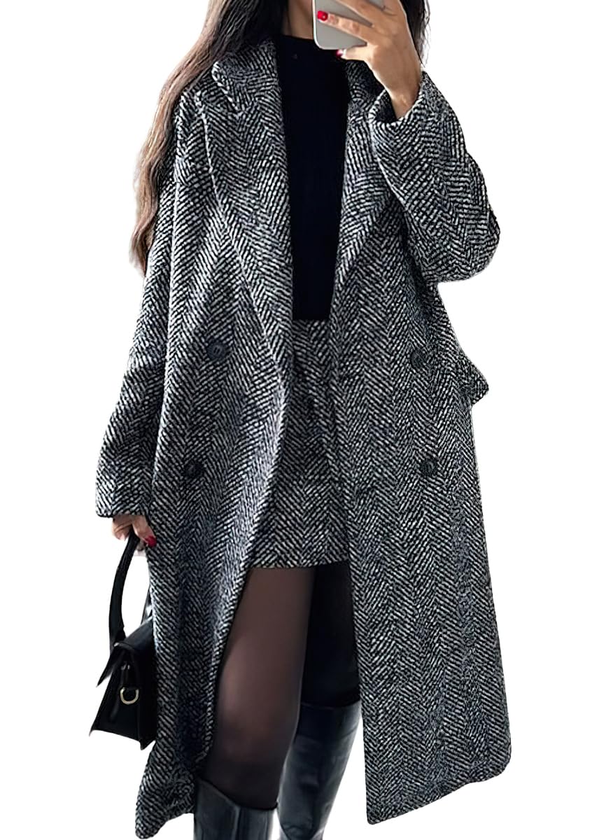 chouyatou Women's Winter Casual Herringbone Wool Coat Double Breasted Notch Collar Dressy Long Trench Coat