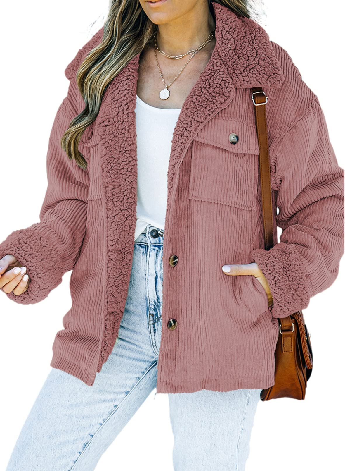 Dokotoo Corduroy Sherpa Jacket for Women Button Down Fleece Fur Collar Winter Warm Coat