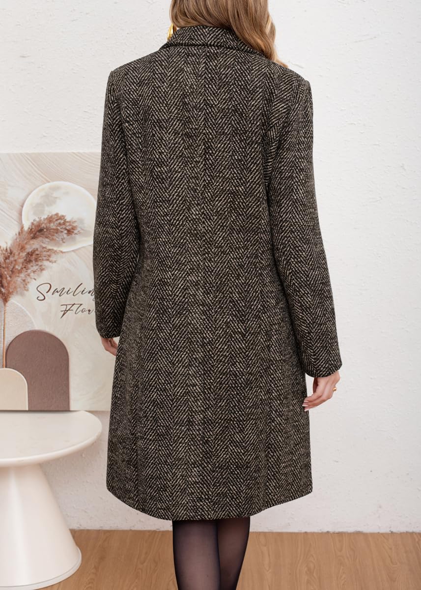 chouyatou Women's Winter Casual Herringbone Wool Coat Double Breasted Notch Collar Dressy Long Trench Coat