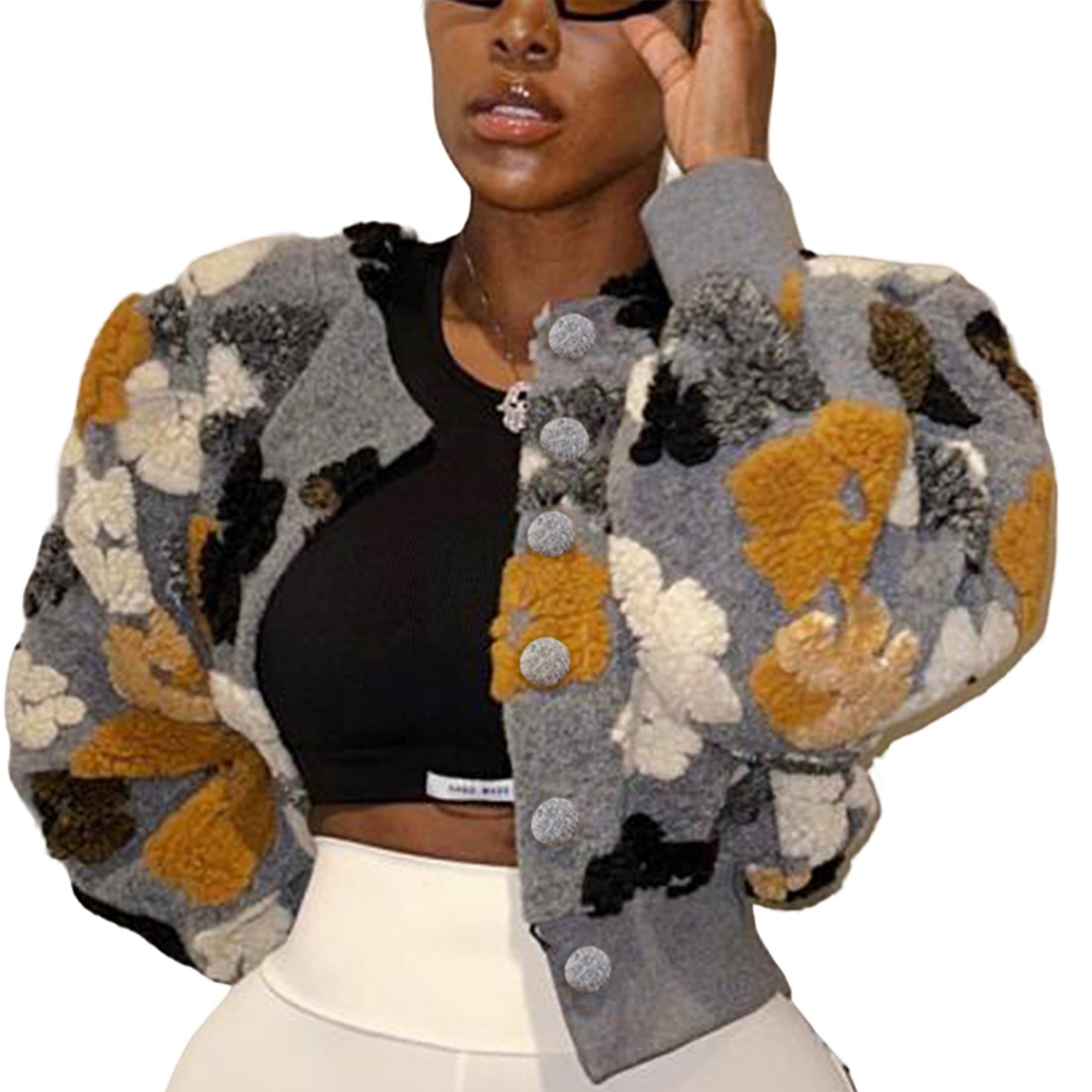 OPCAKM Women's Cropped Floral Print Shacket Jackets Round Neck Long Sleeve Bomber Coat Outerwears