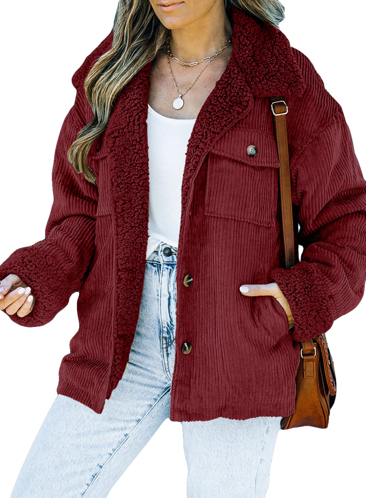 Dokotoo Corduroy Sherpa Jacket for Women Button Down Fleece Fur Collar Winter Warm Coat