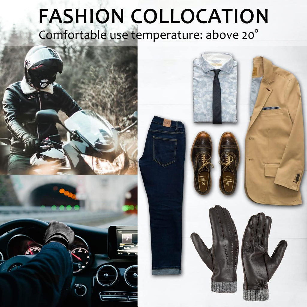 Winter Warm Genuine Leather Gloves, Cashmere Lined Driving Motorcycle Gloves for Men