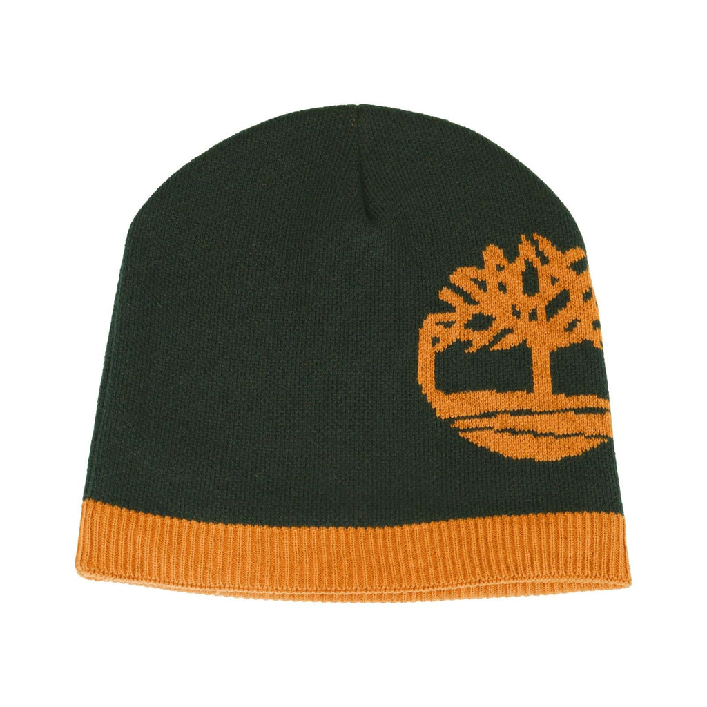 Timberland Men’s Logo Pull-On Beanie - Soft Ribbed Knit Winter Hat, Jacquard Tree Design, Warm Stretch Fit for Cold Weather