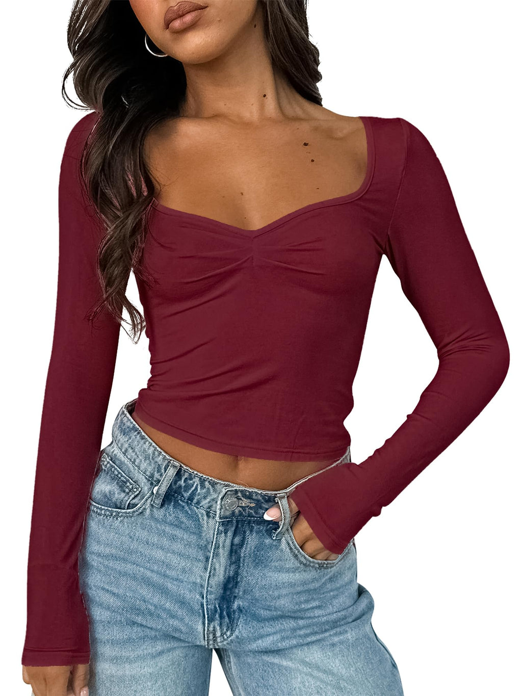 Women's Long Sleeve Going Out Crop Top Sexy Pleated Trendy Shirt Sweetheart Neck Y2K Ruched Cropped Tops