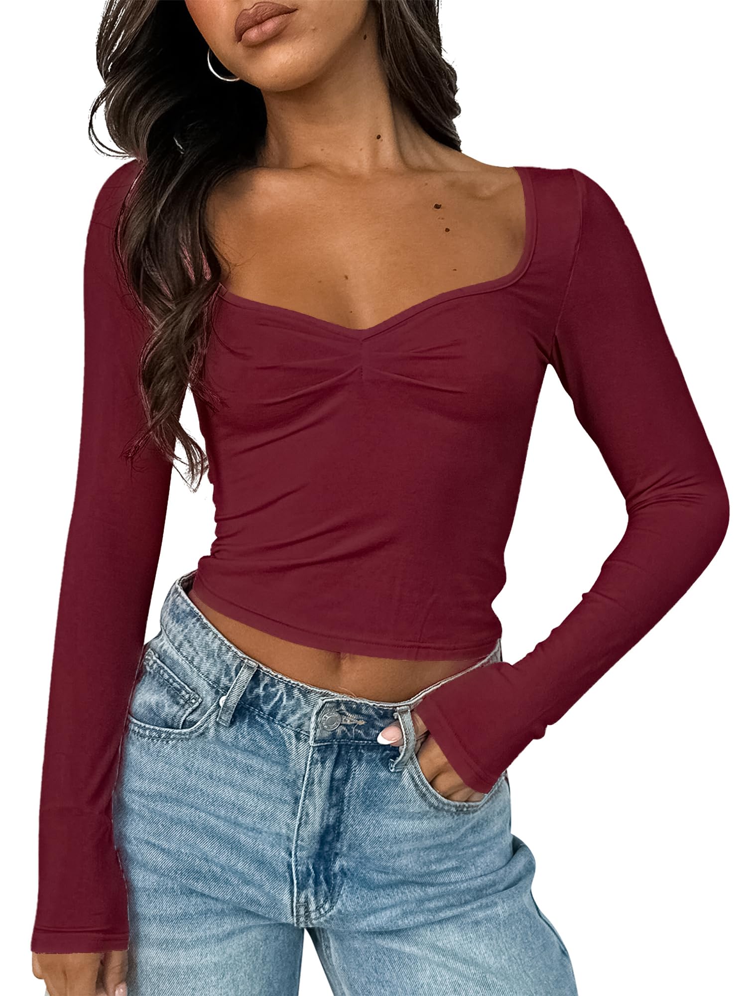 Women's Long Sleeve Going Out Crop Top Sexy Pleated Trendy Shirt Sweetheart Neck Y2K Ruched Cropped Tops