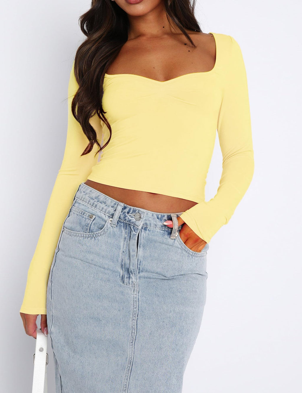 Women's Long Sleeve Going Out Crop Top Sexy Pleated Trendy Shirt Sweetheart Neck Y2K Ruched Cropped Tops