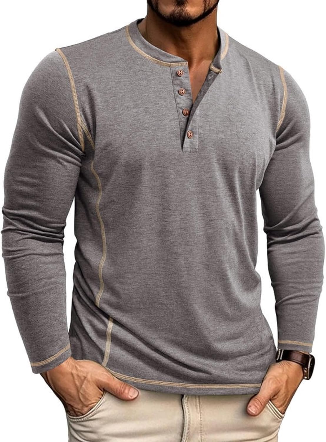 Men's Long Sleeve T-Shirt Long Cotton Henley Turtleneck Casual T-Shirt M-2XL
