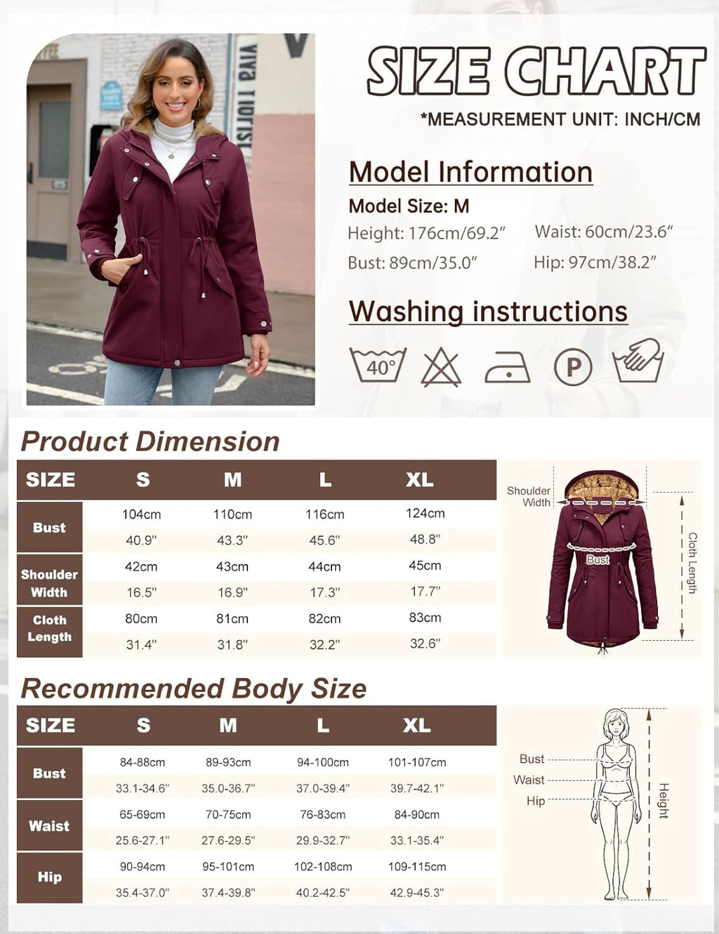 CMTOP Women Winter Jackets UK Thick Fleece Lined Ladies Coats Warm Fuzzy Waterproof Coat Padded Windproof Ladies Coats Thermal Outdoor Parka Jacket Hooded Outwear with Pockets