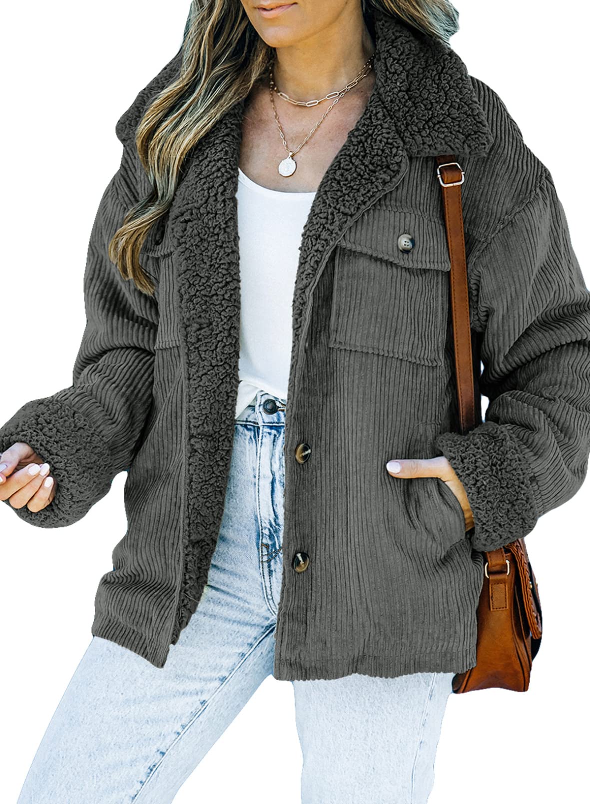 Dokotoo Corduroy Sherpa Jacket for Women Button Down Fleece Fur Collar Winter Warm Coat