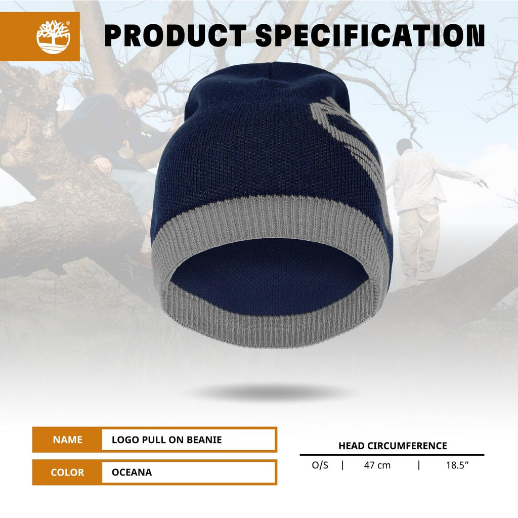 Timberland Men’s Logo Pull-On Beanie - Soft Ribbed Knit Winter Hat, Jacquard Tree Design, Warm Stretch Fit for Cold Weather