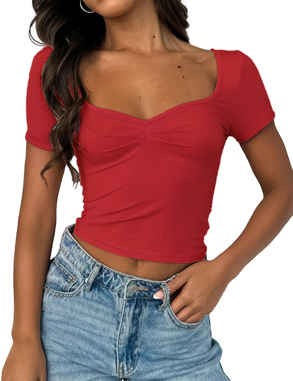 Women's Short Sleeve Going Out Crop Top Sexy Pleated Cute Shirt Sweetheart Neck Y2K Ruched Cropped Tops