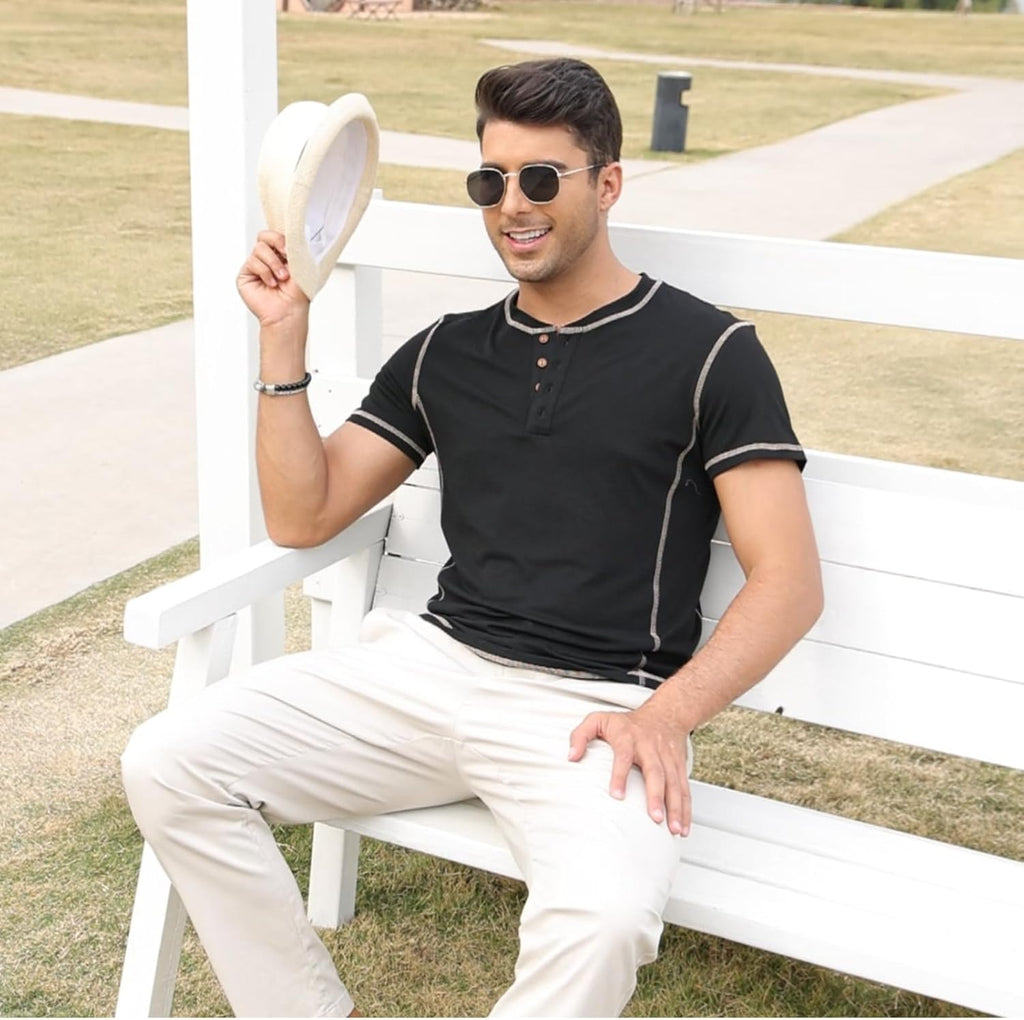 Men's Long Sleeve T-Shirt Long Cotton Henley Turtleneck Casual T-Shirt M-2XL