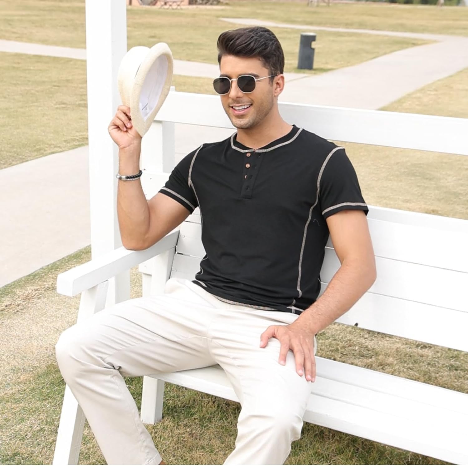 Men's Long Sleeve T-Shirt Long Cotton Henley Turtleneck Casual T-Shirt M-2XL