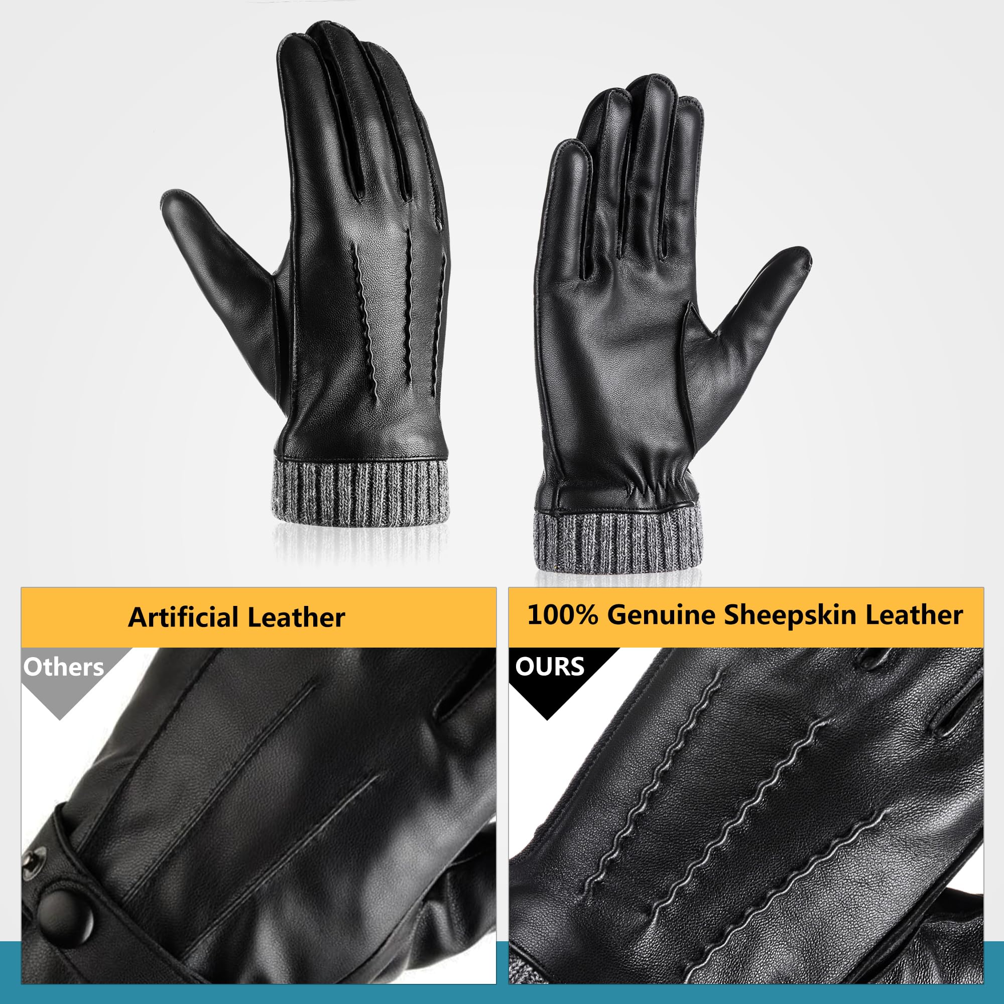 Winter Warm Genuine Leather Gloves, Cashmere Lined Driving Motorcycle Gloves for Men