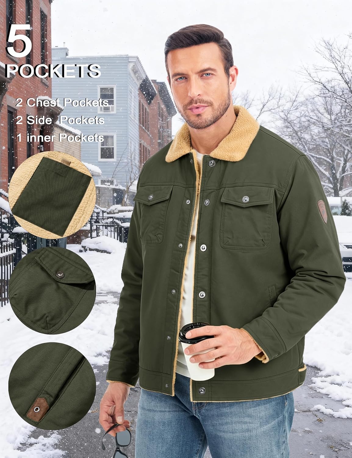 MAGCOMSEN Men's Winter Jacket Military Style Trucker Jacket Cargo Fabric Warm Fleece Lined Coat Windbreaker Sherpa Thermal Collar Combat Jacket