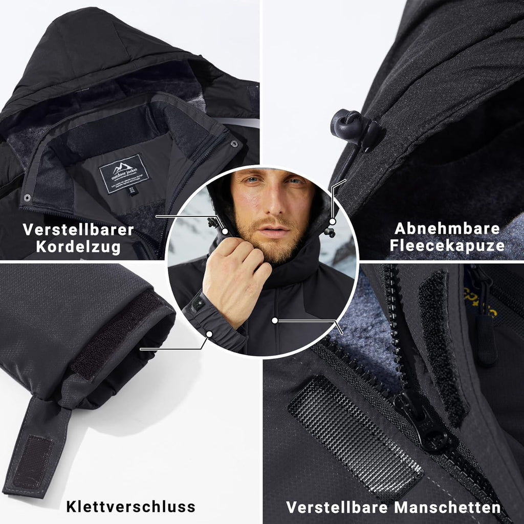 KEFITEVD Men's Ski Jacket, Breathable Warm Lined Winter Jacket with Removable Hood, Snowboard Jacket, Waterproof Outdoor Jacket