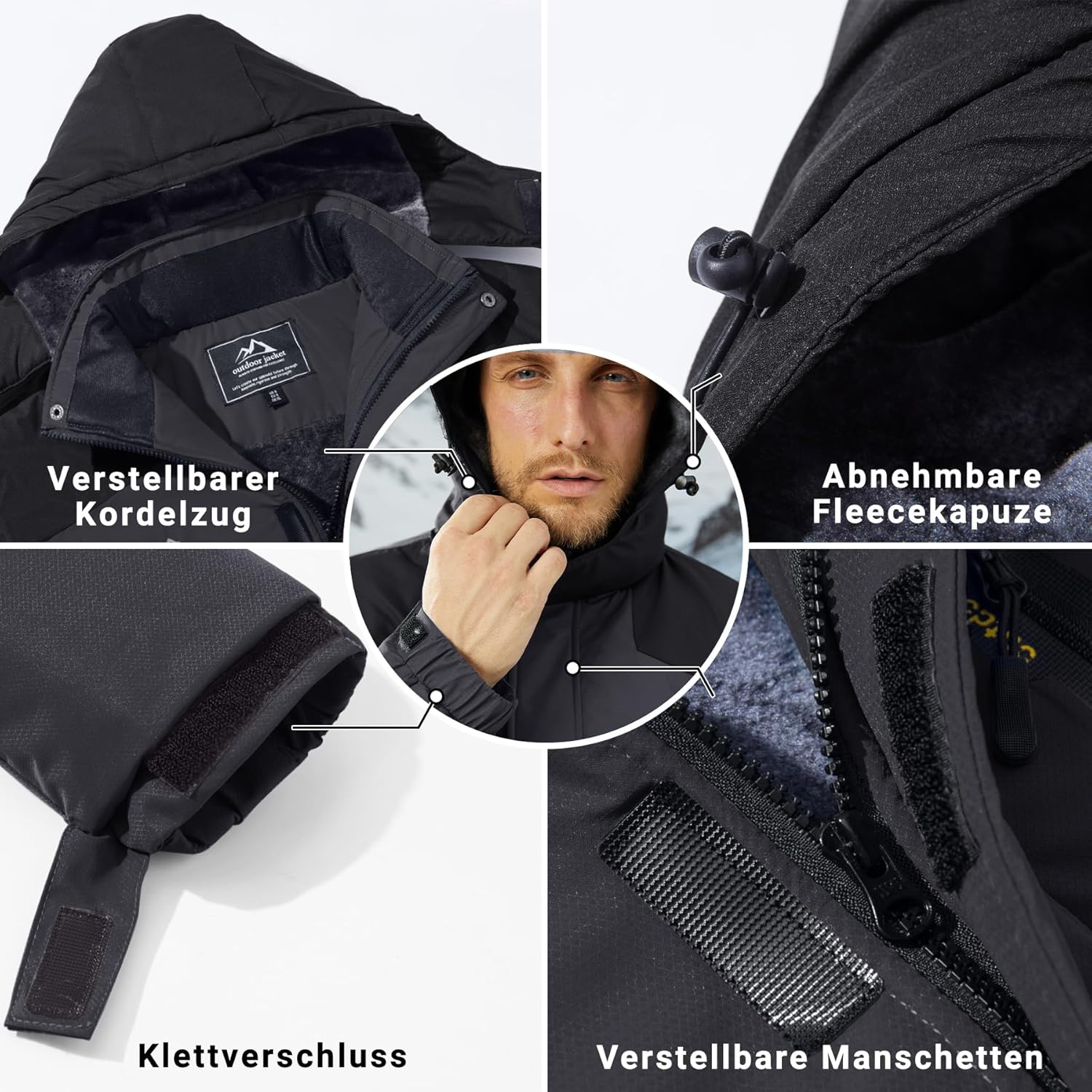 KEFITEVD Men's Ski Jacket, Breathable Warm Lined Winter Jacket with Removable Hood, Snowboard Jacket, Waterproof Outdoor Jacket