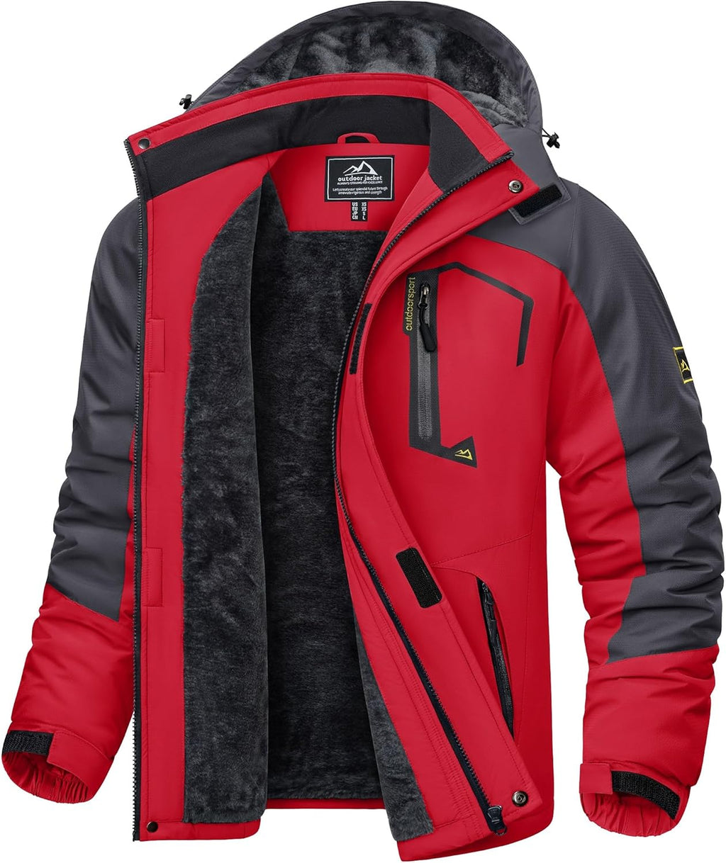 KEFITEVD Men's Ski Jacket, Breathable Warm Lined Winter Jacket with Removable Hood, Snowboard Jacket, Waterproof Outdoor Jacket
