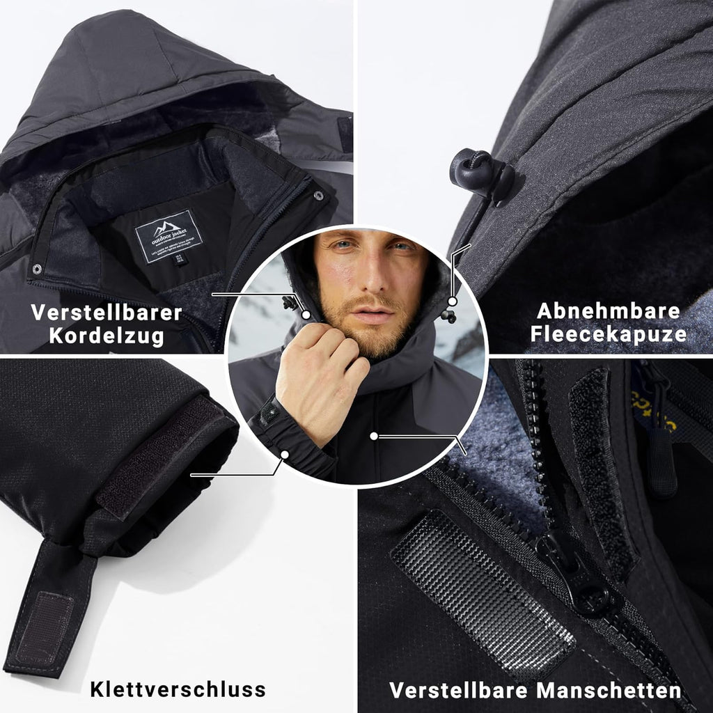 KEFITEVD Men's Ski Jacket, Breathable Warm Lined Winter Jacket with Removable Hood, Snowboard Jacket, Waterproof Outdoor Jacket