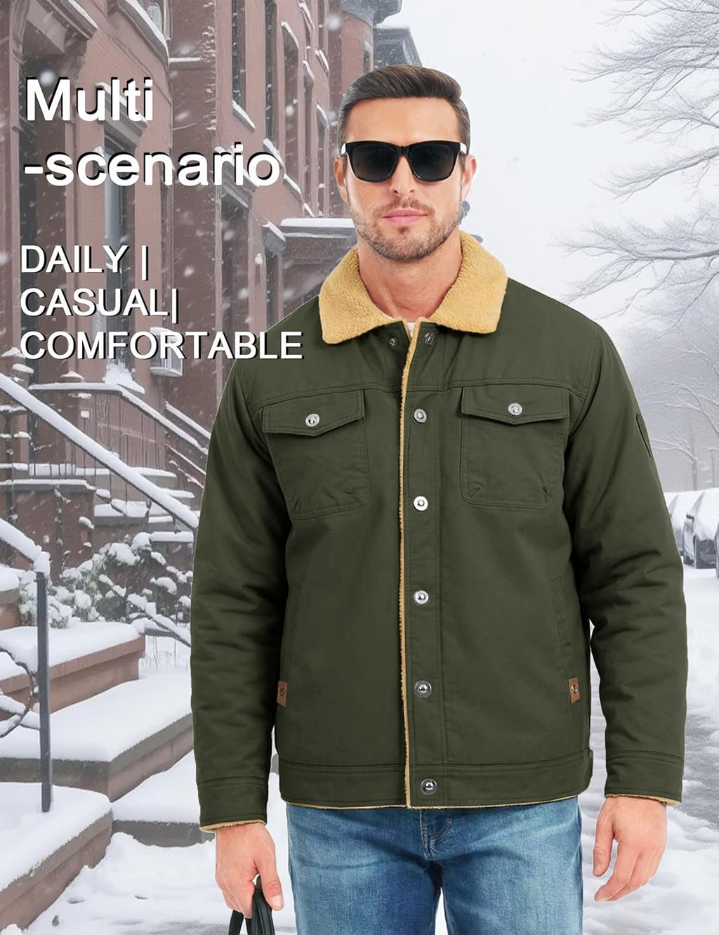 MAGCOMSEN Men's Winter Jacket Military Style Trucker Jacket Cargo Fabric Warm Fleece Lined Coat Windbreaker Sherpa Thermal Collar Combat Jacket