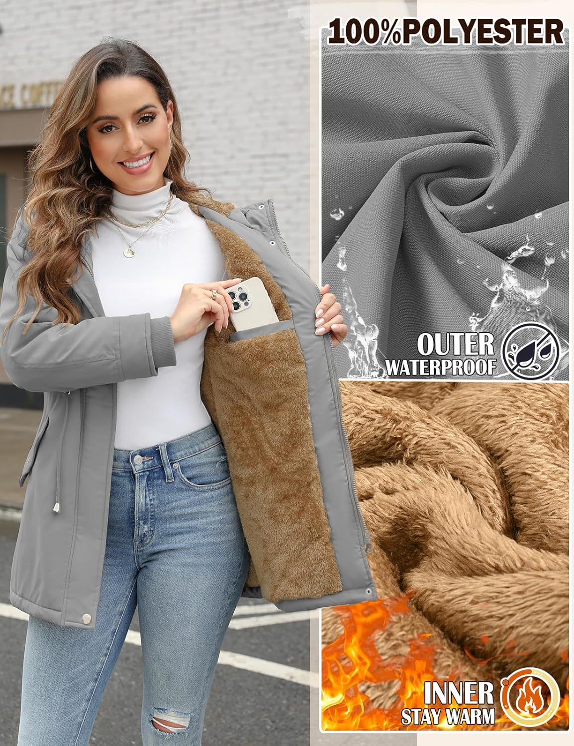 CMTOP Women Winter Jackets UK Thick Fleece Lined Ladies Coats Warm Fuzzy Waterproof Coat Padded Windproof Ladies Coats Thermal Outdoor Parka Jacket Hooded Outwear with Pockets