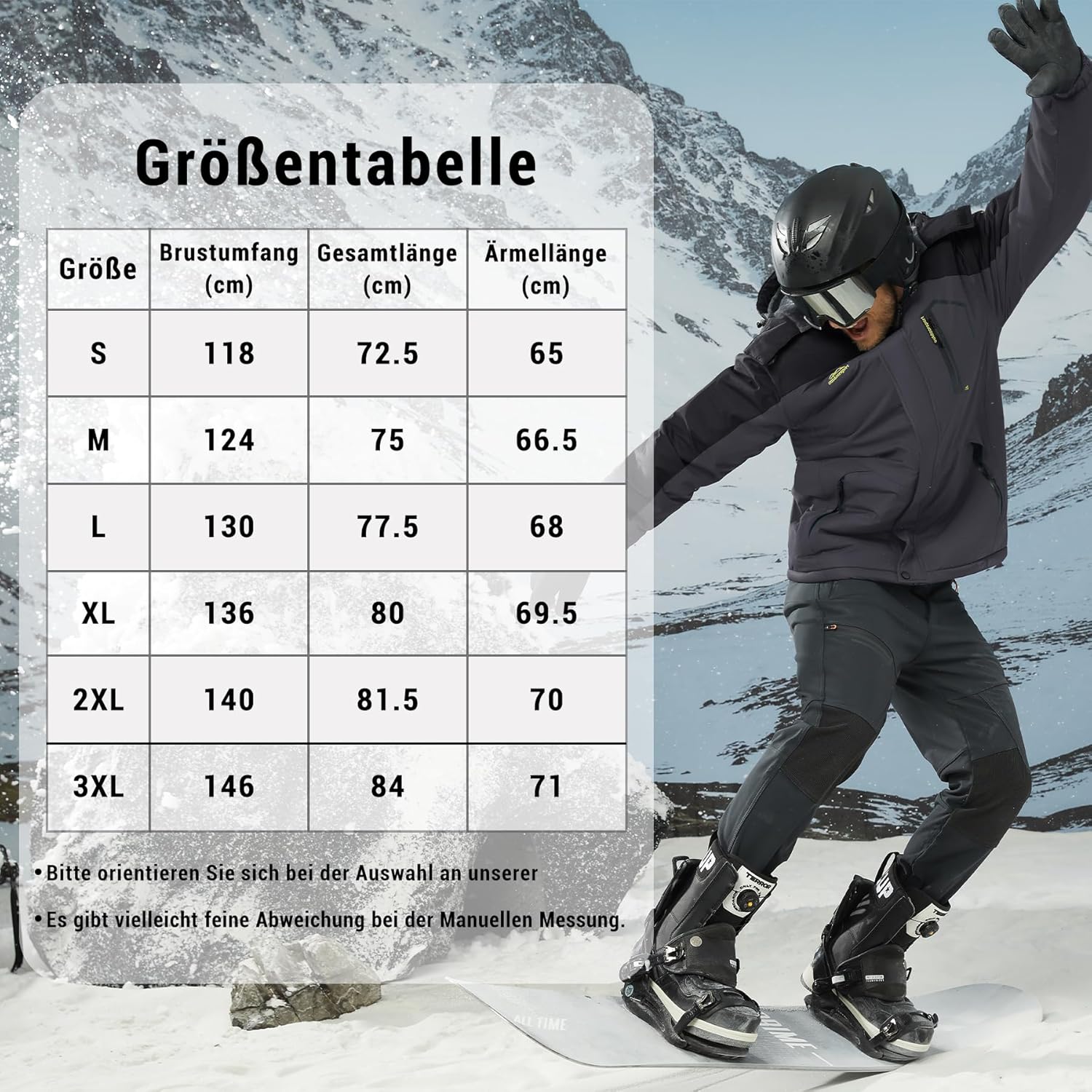 KEFITEVD Men's Ski Jacket, Breathable Warm Lined Winter Jacket with Removable Hood, Snowboard Jacket, Waterproof Outdoor Jacket