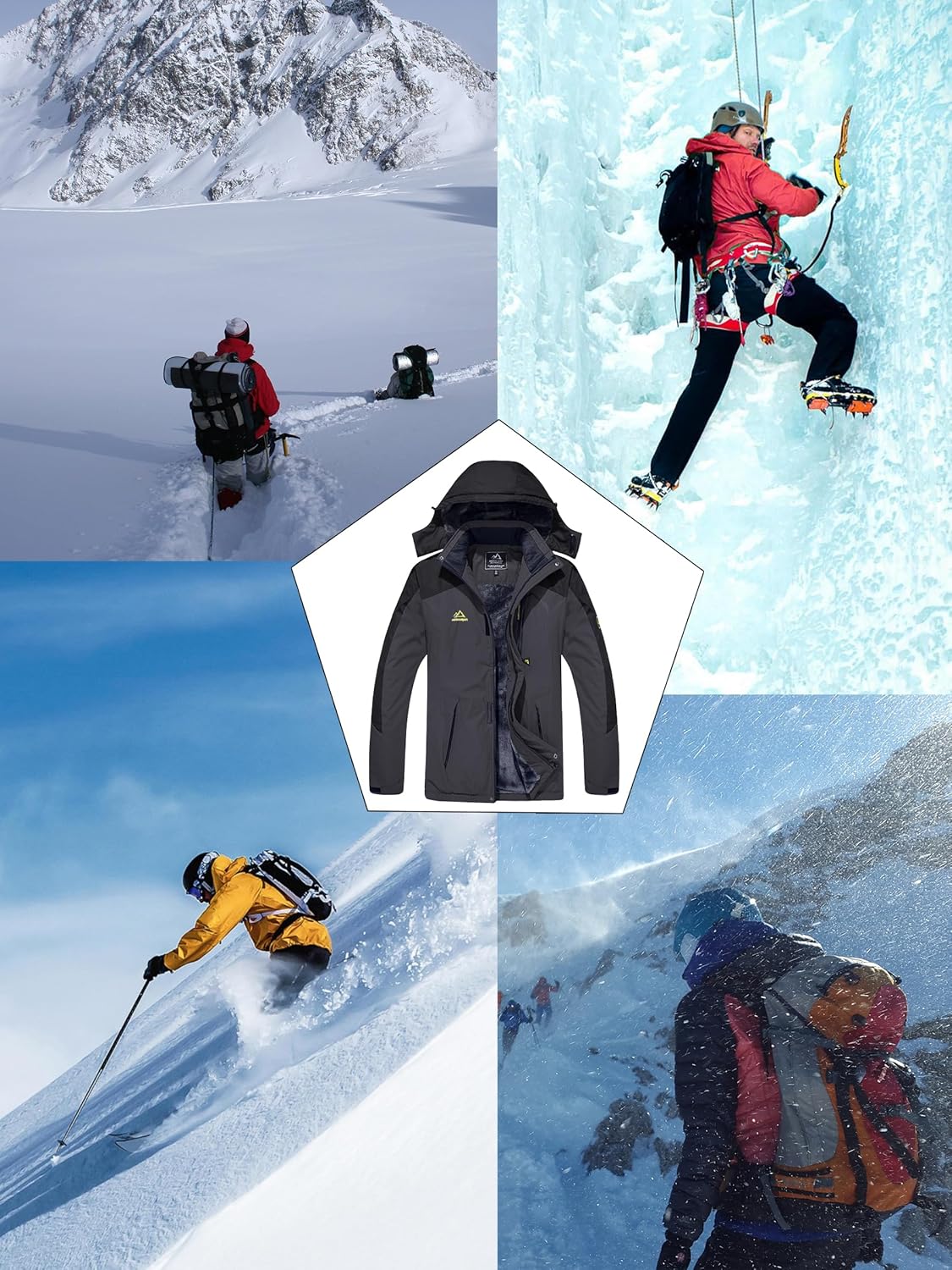KEFITEVD Men's Ski Jacket, Breathable Warm Lined Winter Jacket with Removable Hood, Snowboard Jacket, Waterproof Outdoor Jacket