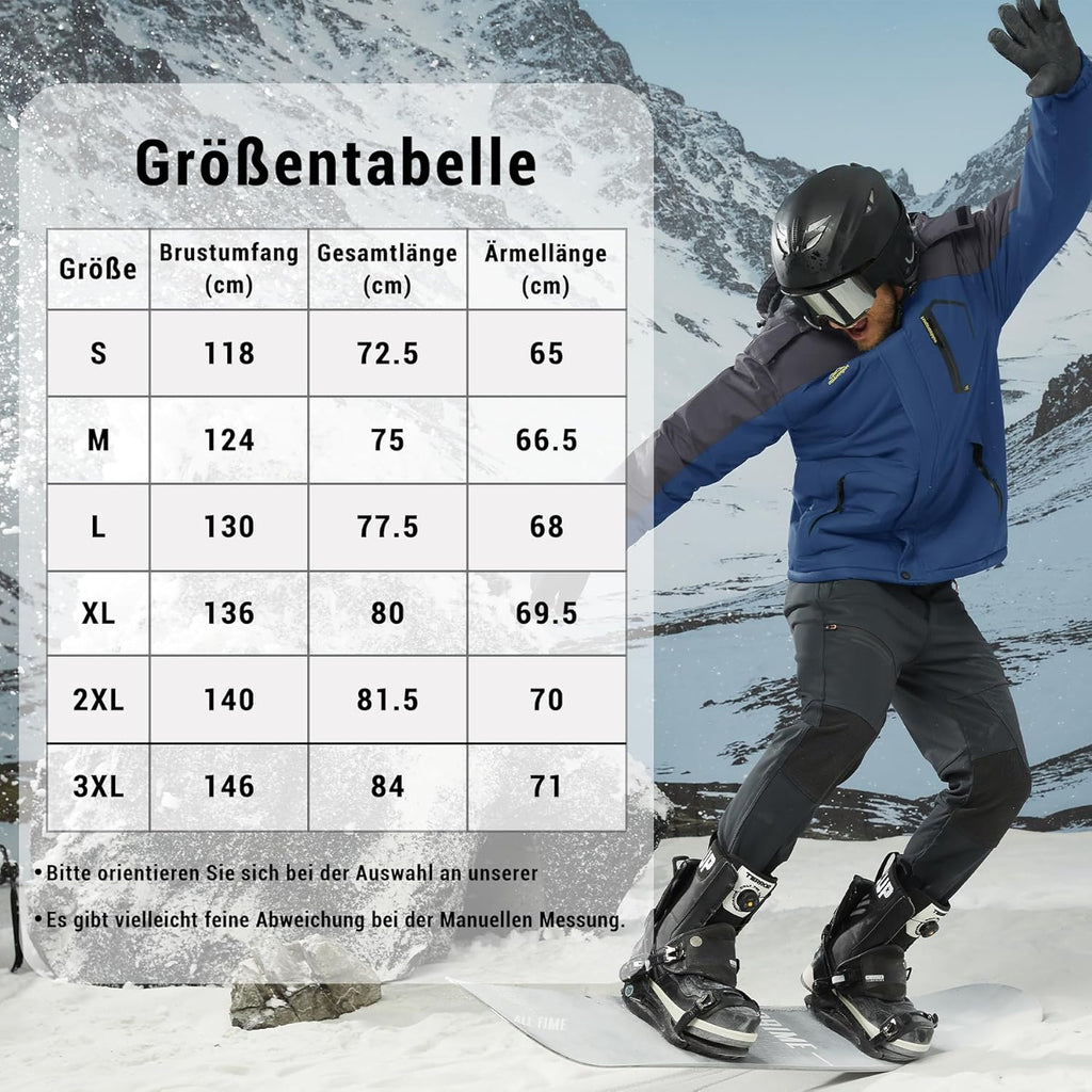KEFITEVD Men's Ski Jacket, Breathable Warm Lined Winter Jacket with Removable Hood, Snowboard Jacket, Waterproof Outdoor Jacket