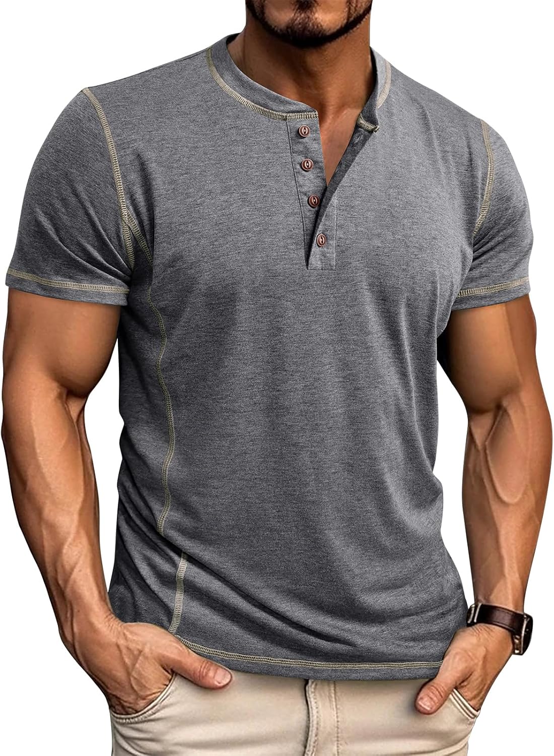 Men's Long Sleeve T-Shirt Long Cotton Henley Turtleneck Casual T-Shirt M-2XL