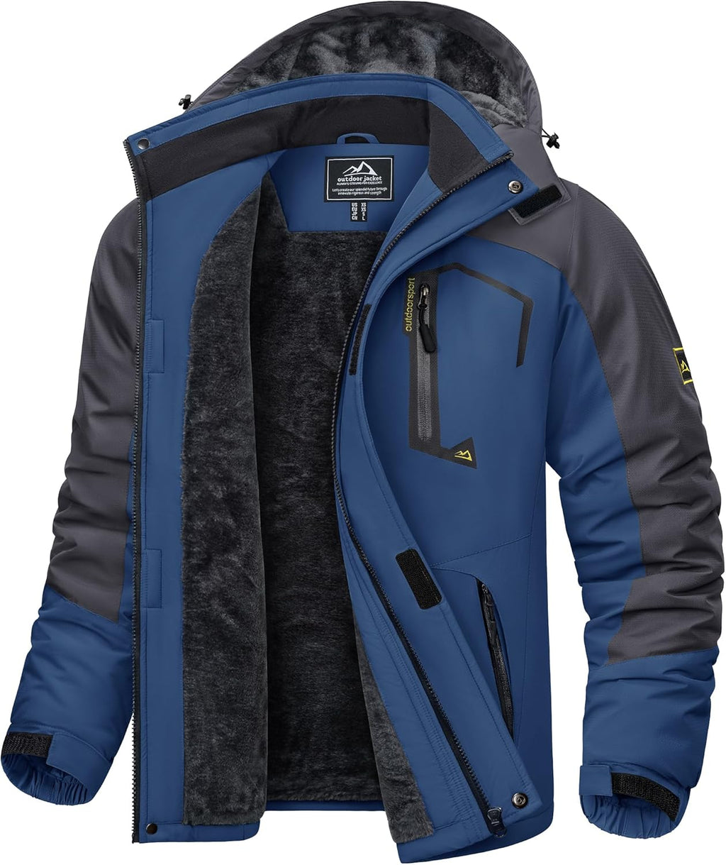 KEFITEVD Men's Ski Jacket, Breathable Warm Lined Winter Jacket with Removable Hood, Snowboard Jacket, Waterproof Outdoor Jacket