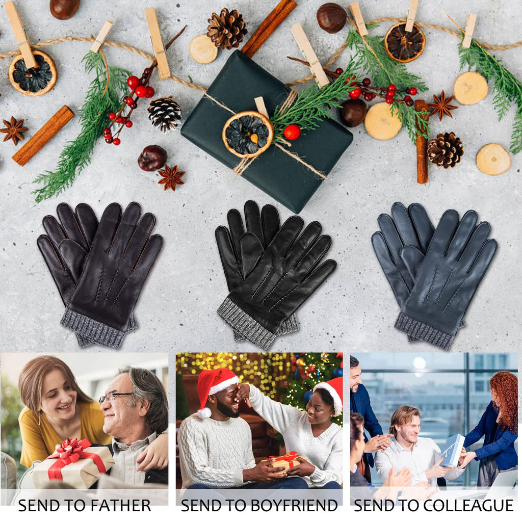 Winter Warm Genuine Leather Gloves, Cashmere Lined Driving Motorcycle Gloves for Men