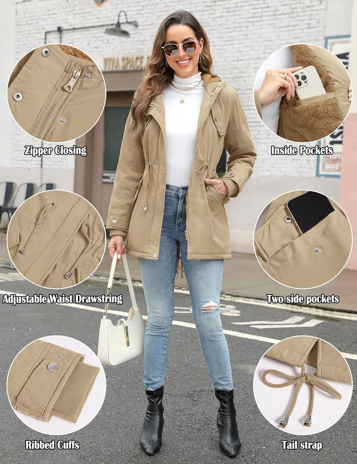 CMTOP Women Winter Jackets UK Thick Fleece Lined Ladies Coats Warm Fuzzy Waterproof Coat Padded Windproof Ladies Coats Thermal Outdoor Parka Jacket Hooded Outwear with Pockets