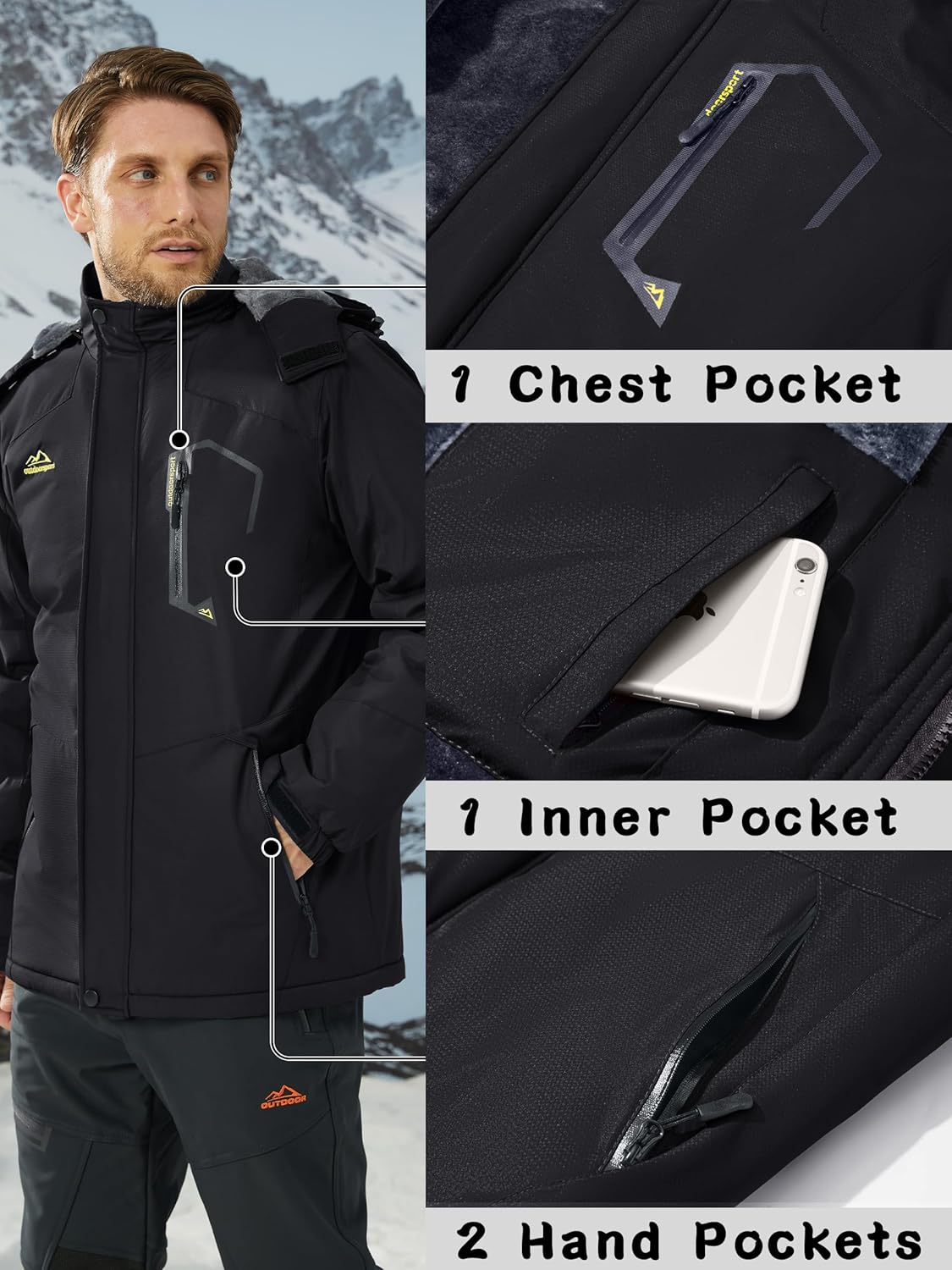 KEFITEVD Men's Ski Jacket, Breathable Warm Lined Winter Jacket with Removable Hood, Snowboard Jacket, Waterproof Outdoor Jacket