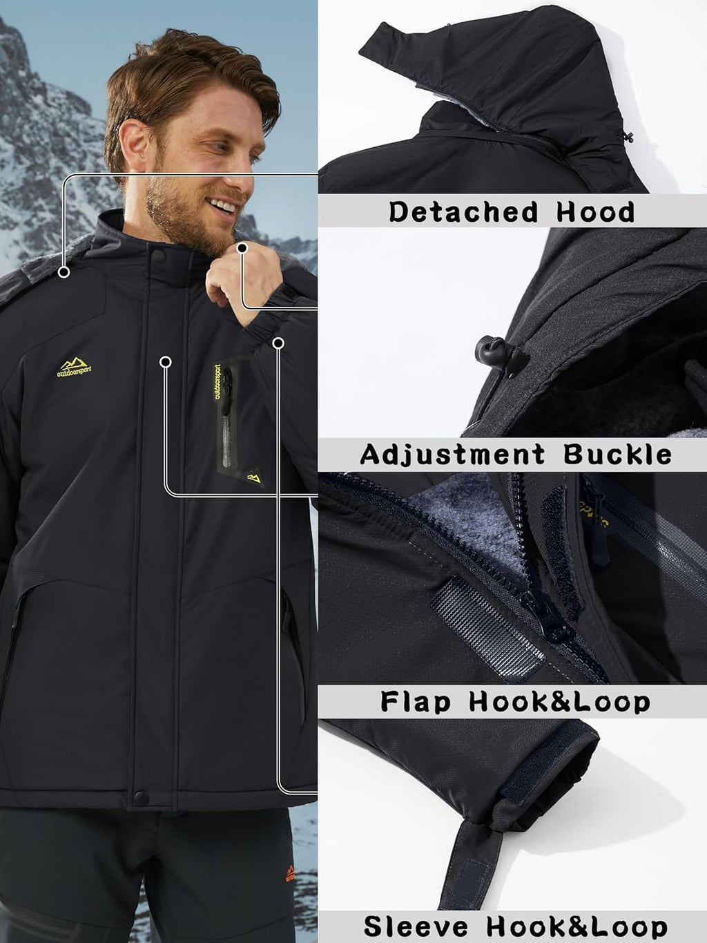 KEFITEVD Men's Ski Jacket, Breathable Warm Lined Winter Jacket with Removable Hood, Snowboard Jacket, Waterproof Outdoor Jacket