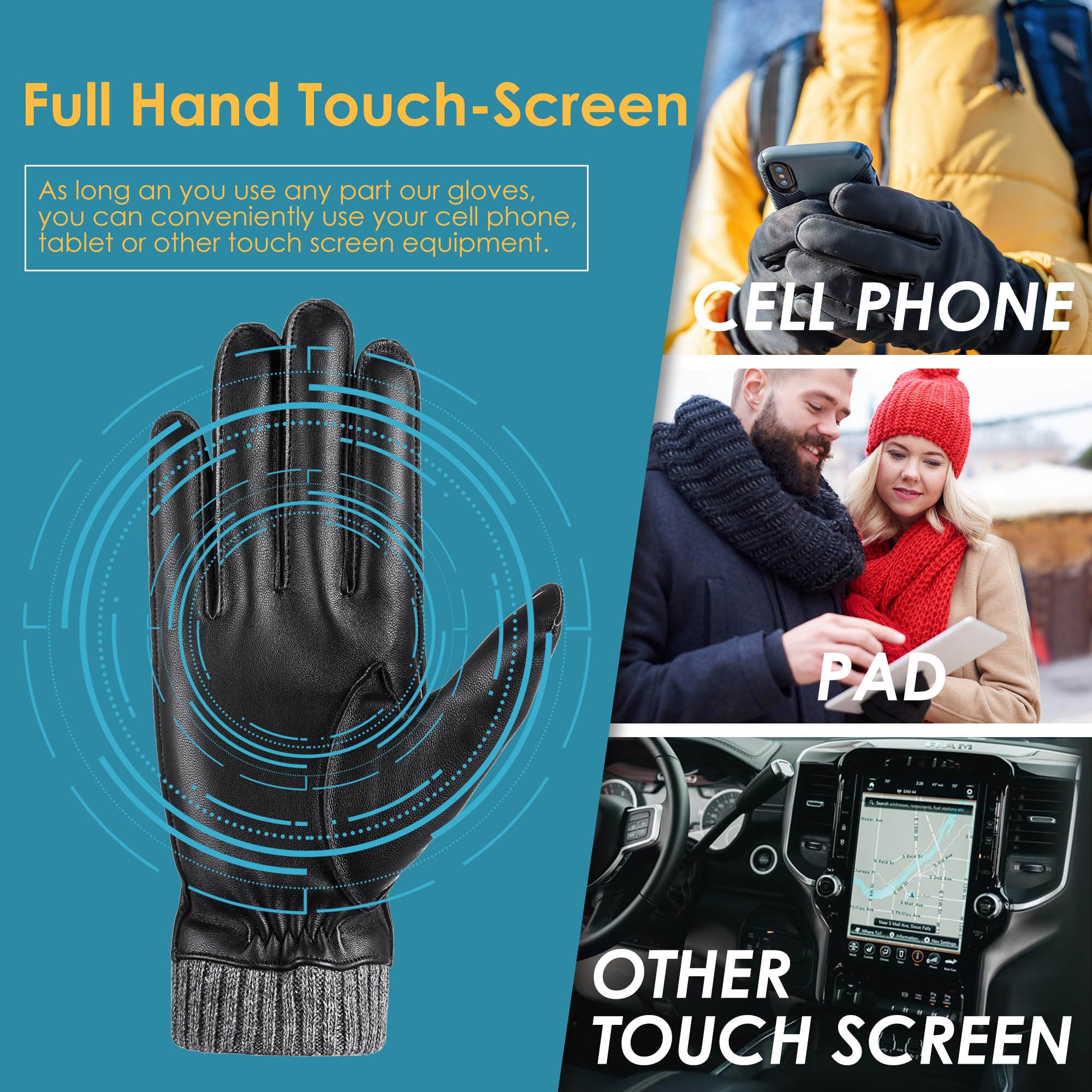 Winter Warm Genuine Leather Gloves, Cashmere Lined Driving Motorcycle Gloves for Men