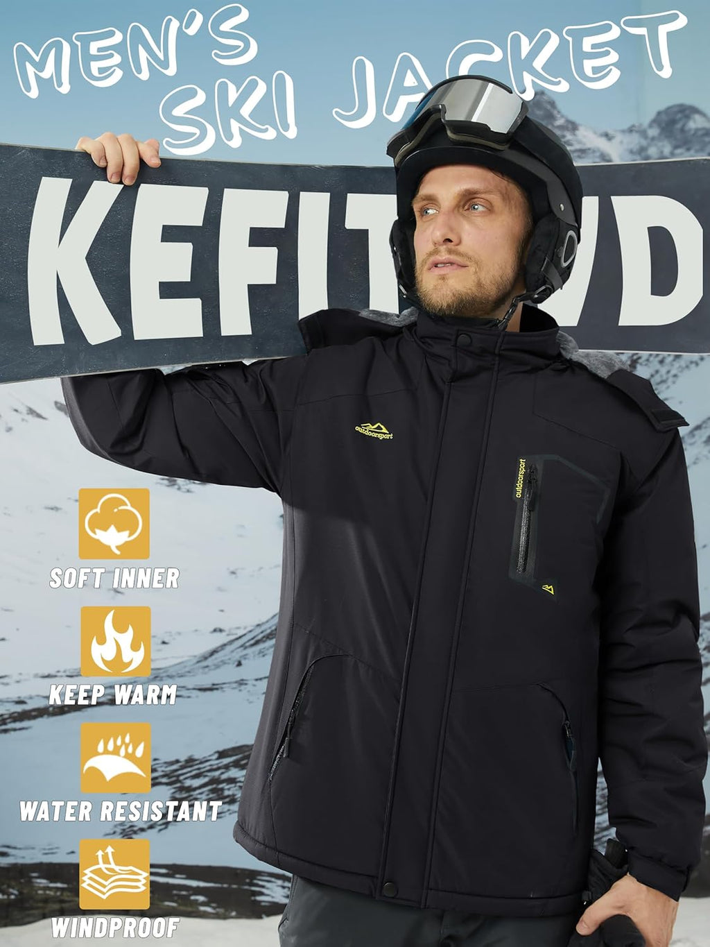 KEFITEVD Men's Ski Jacket, Breathable Warm Lined Winter Jacket with Removable Hood, Snowboard Jacket, Waterproof Outdoor Jacket