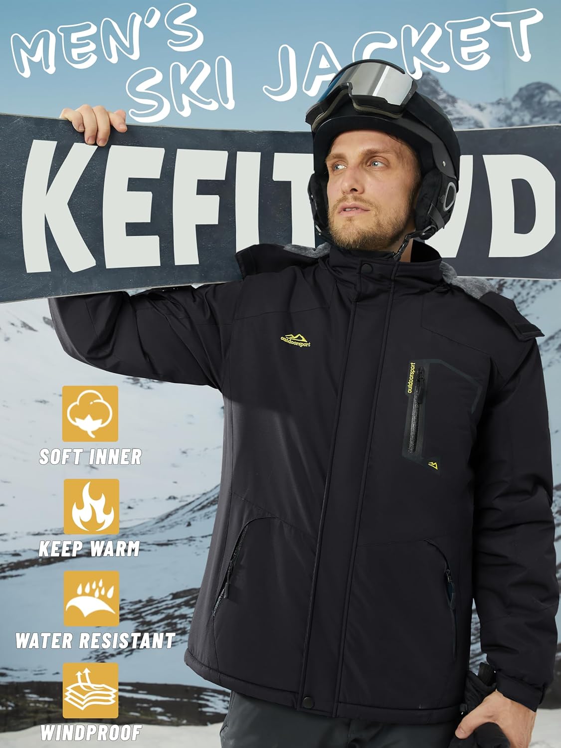 KEFITEVD Men's Ski Jacket, Breathable Warm Lined Winter Jacket with Removable Hood, Snowboard Jacket, Waterproof Outdoor Jacket