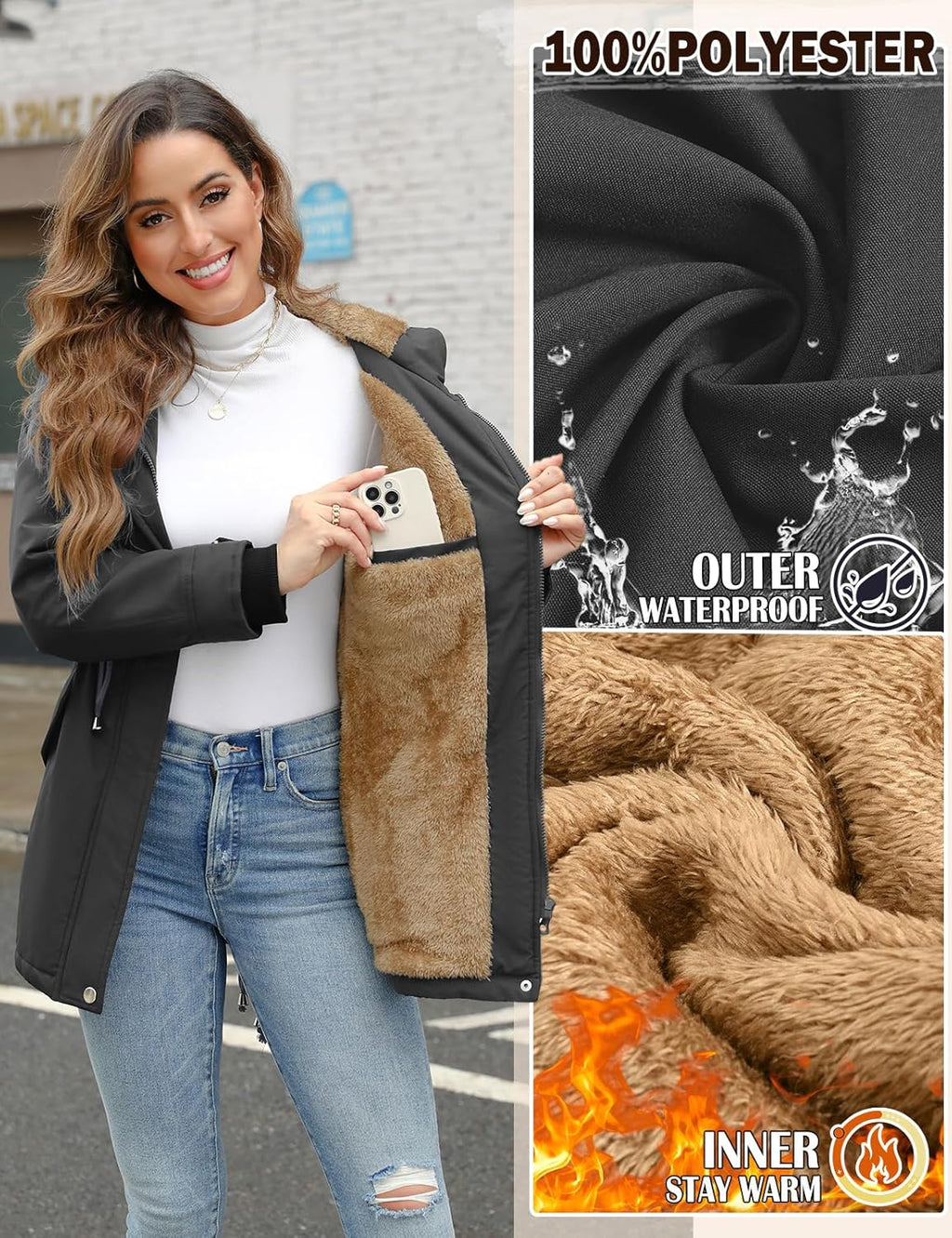 CMTOP Women Winter Jackets UK Thick Fleece Lined Ladies Coats Warm Fuzzy Waterproof Coat Padded Windproof Ladies Coats Thermal Outdoor Parka Jacket Hooded Outwear with Pockets