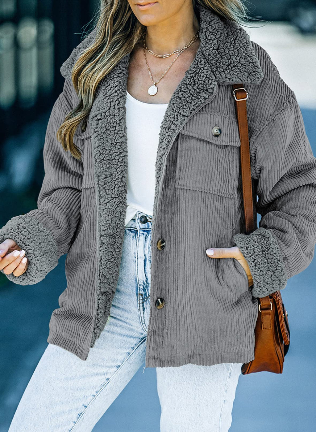 Dokotoo Corduroy Sherpa Jacket for Women Button Down Fleece Fur Collar Winter Warm Coat