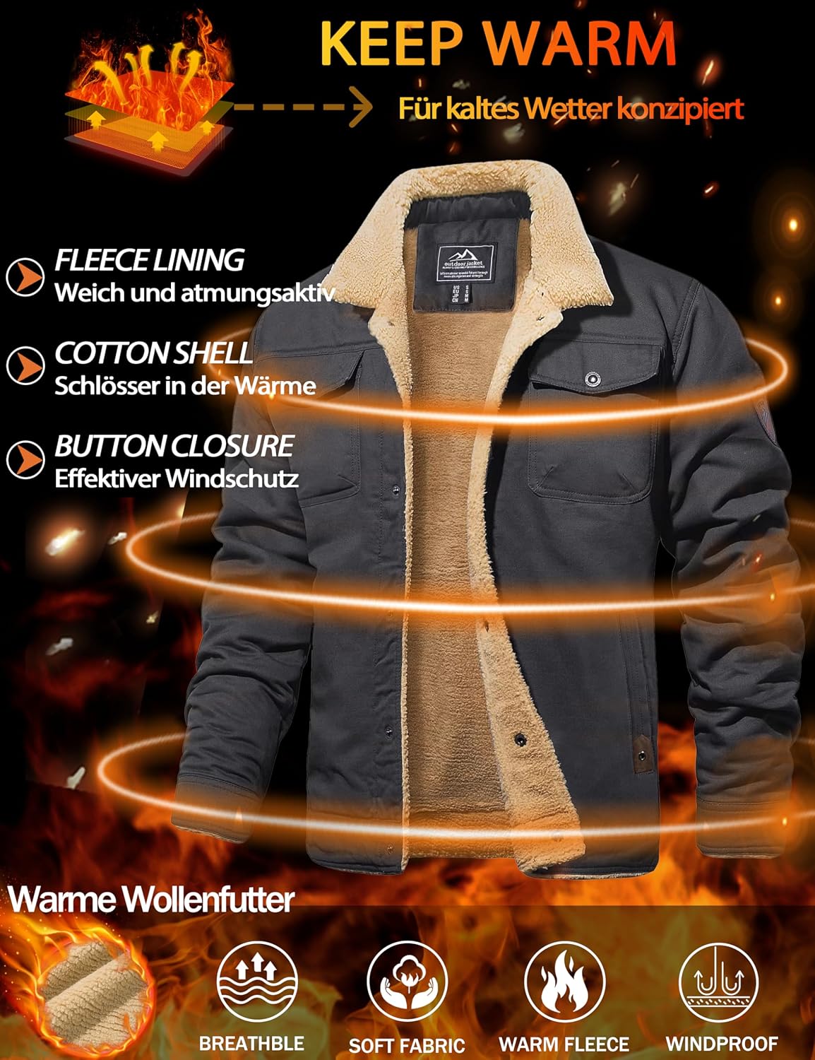 MAGCOMSEN Men's Winter Jacket Military Style Trucker Jacket Cargo Fabric Warm Fleece Lined Coat Windbreaker Sherpa Thermal Collar Combat Jacket