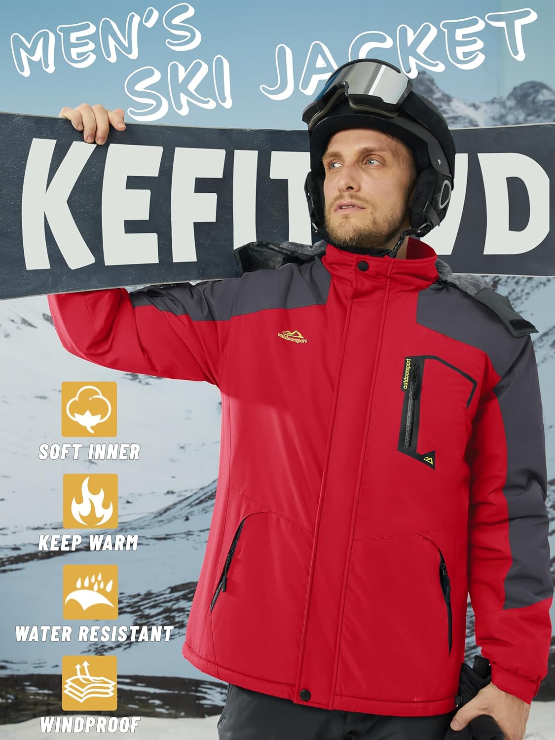 KEFITEVD Men's Ski Jacket, Breathable Warm Lined Winter Jacket with Removable Hood, Snowboard Jacket, Waterproof Outdoor Jacket